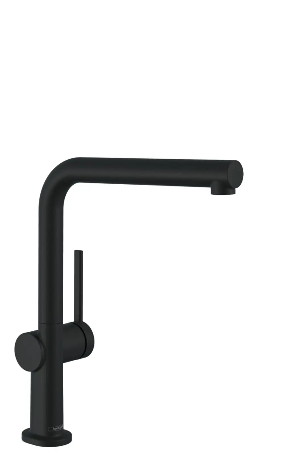 Ein schwarzer Einhebel-Küchenmischer von Hansgrohe mit einem langen, gebogenen Auslauf und einem seitlichen Hebel, geeignet für Niederdrucksysteme.